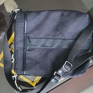 Coach Women's Crossbody 8" X 9" Bag Black Jacquard Thin Purse, Long Strap F1421